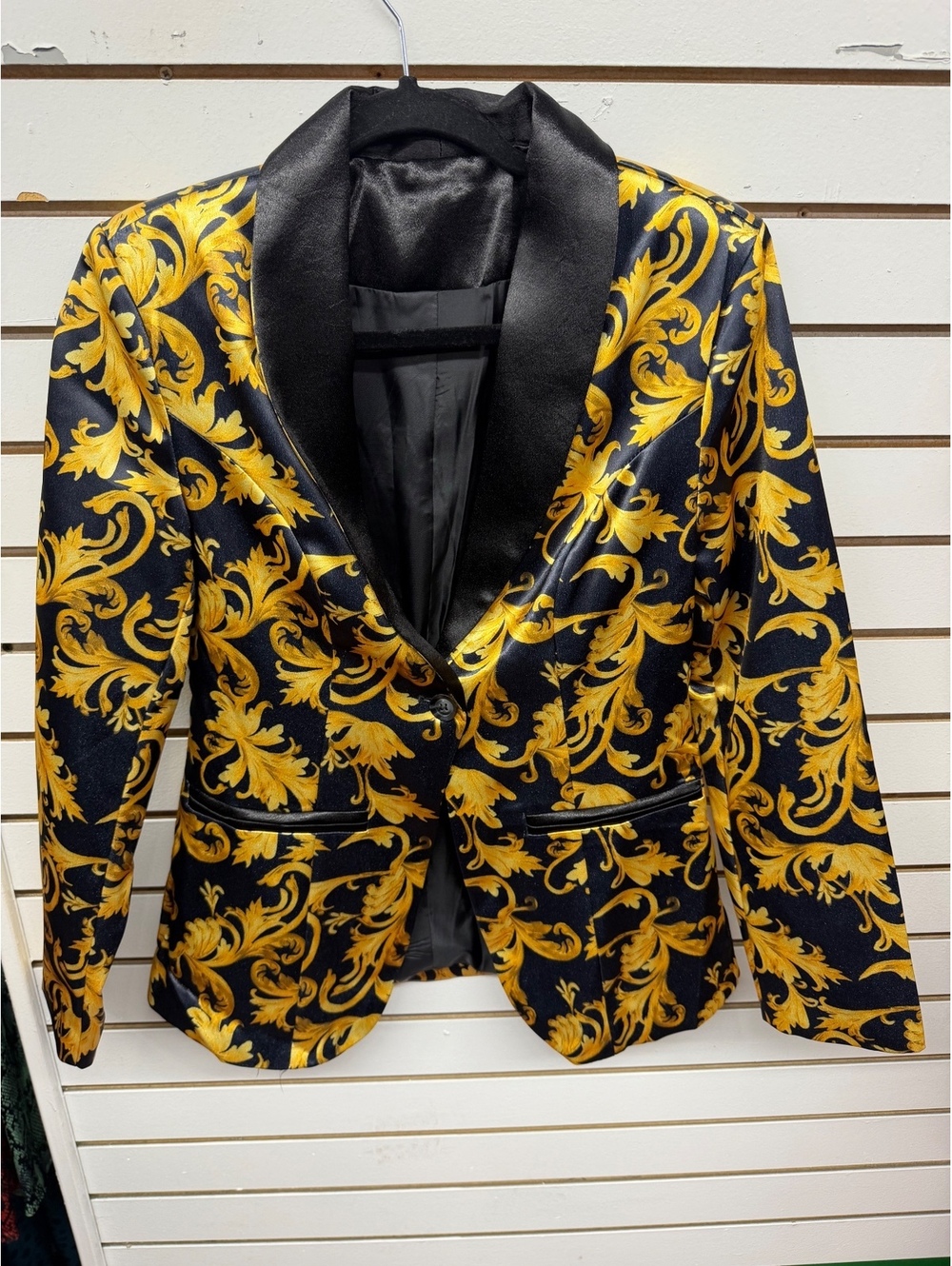 Black Gold Baroque Print Satin Blazer Jacket Size Small [COPY]